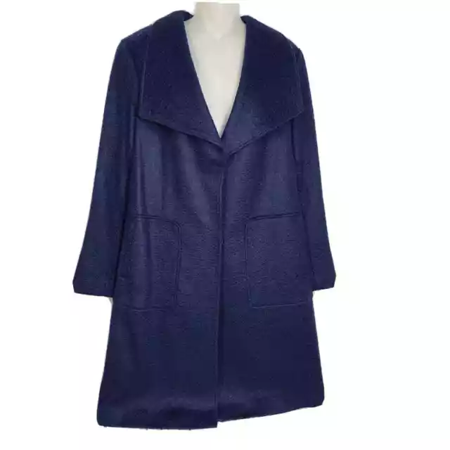 Bernardo Womens Coat Size Large Textured Long Jacket Navy Blue Wool Blend Pocket