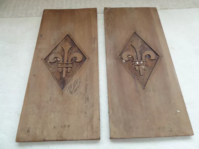 Pair of antique carved panels, salvaged carvings,  reclaimed, fleur de lys