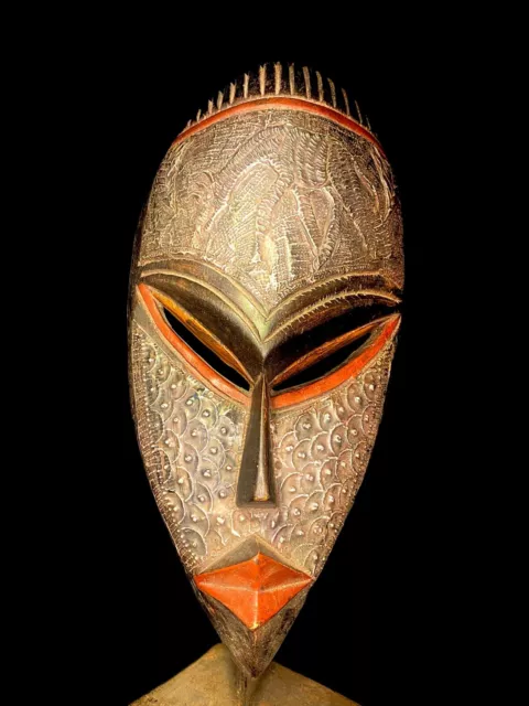 African Tribal Face Mask Wood Hand Carved Vintage Wall Hanging Mbara Hunter 1546