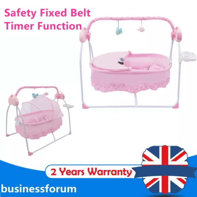 Pink Electric Baby Rocker Swing Rocking Crib Cot Bed Infant Cradle w/ Bluetooth