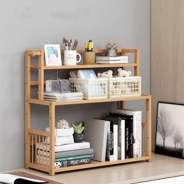 3 Tiers Bamboo Desktop Bookshelf Office Data Storage Shelf Home Display Shelf