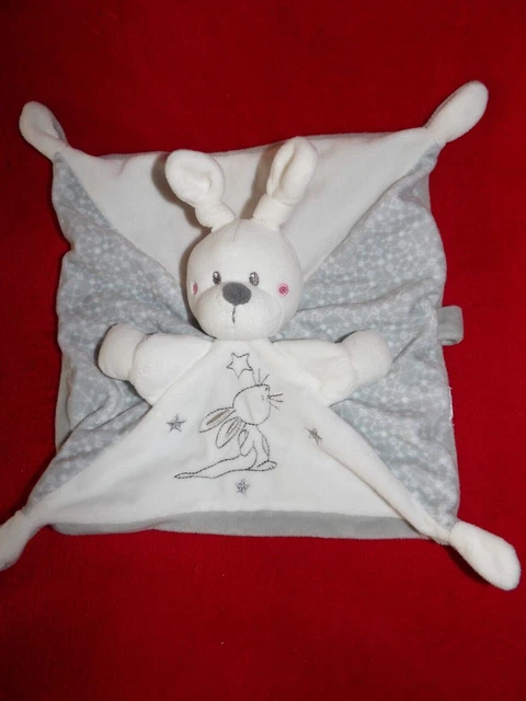Doudou Plat Attache Tétine SIMBA Lapin Gris Blanc Oreilles Nouées Neuf