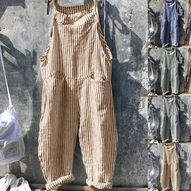 Women Striped Dungarees Jumpsuit Playsuit Casual Overalls Baggy Romper Pants US