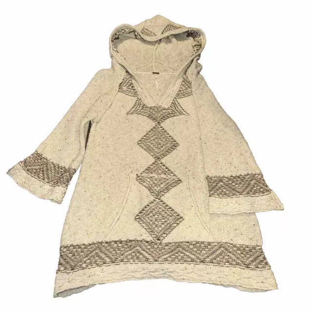 Free People Womens Hooded Tunic Bell Sleeve Vneck Boho Knitted Sweater Beige L