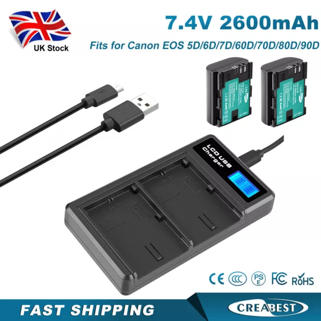 2x LP-E6 LP-E6N Battery&Charger For Canon EOS-R R5 5D Mark II 6D 60D 70D 80D 90D