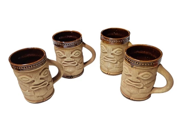 Paul Marshall Tiki Mugs Ceramic Vintage Hawaiian Set of 4 Carved Brown Coffee