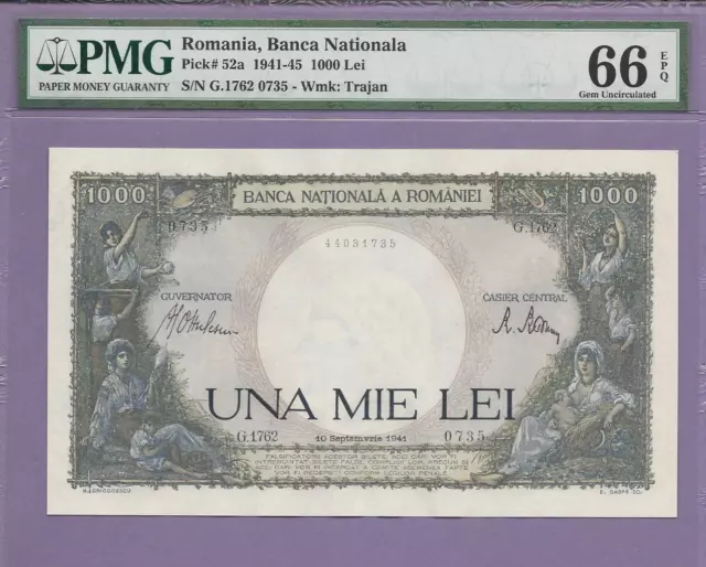 1941 Romania 1000 Lei pick # 52a  PMG EPQ 66