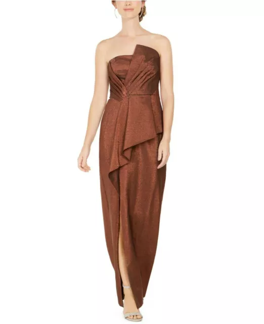 Adrianna Papell Bronze Metallic Cascade Front Gown Dress L98503 Size 6