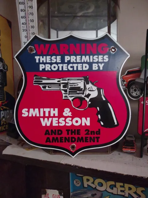 Vintage Smith Wesson 2Nd Amendment Protected  Porcelain Sign Bullet Ammo