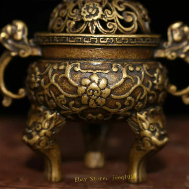 2.56" Collection Chinese pure copper Handmade Lion Incense burner censer 3