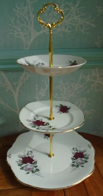 Duchess Symphony 3 tier china cake stand with deep red & white roses