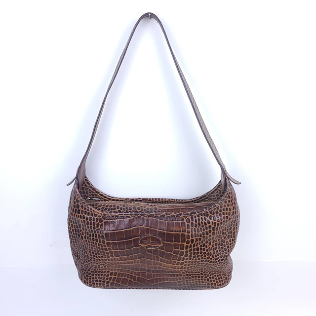 Vintage Authentic LONGCHAMP Embossed Croc Leather Shoulder Bag Handbag BROWN