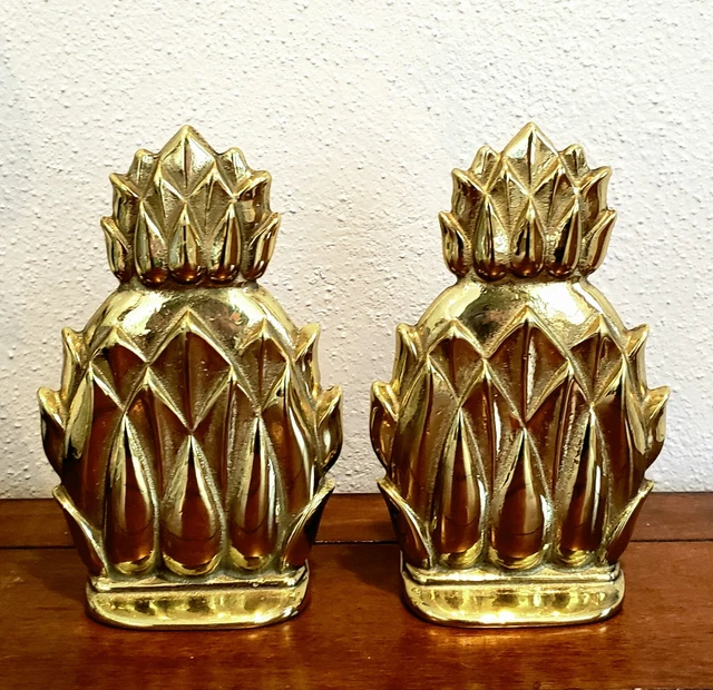 Vintage Pineapple 6.5" Gold Brass Bookends Newport Virginia Metal Crafters N8-2