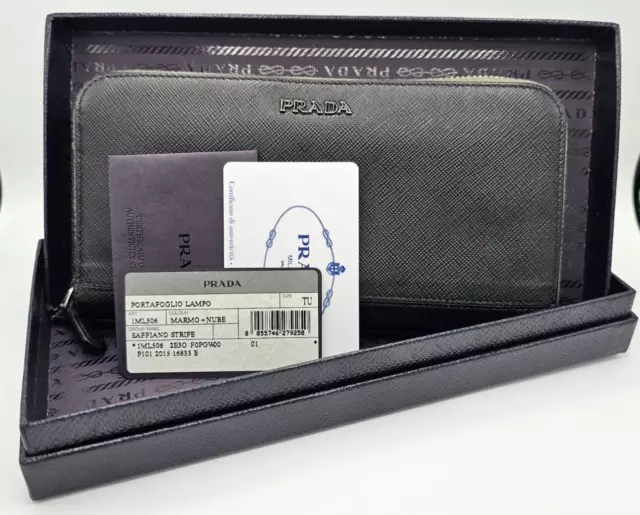 Prada Portafoglio Lampo Saffiano Leather Leather Long Zippy Wallet in Black COA