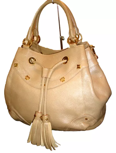 MCM Stunning Taupe Soft Leather Drawstring Tassels Satchel Shoulder Bag FLAWLESS