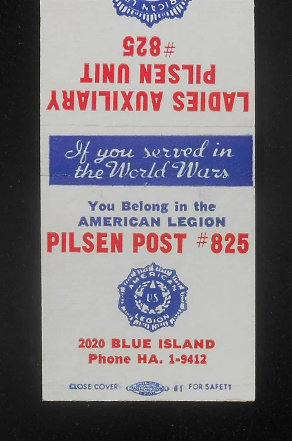 1950S AMERICAN LEGION Post #825 Pilsen IL Cook Co Matchbook Illinois ...