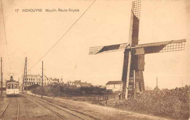 Cpa Belgique Wenduyne Moulin Route Royale / Train