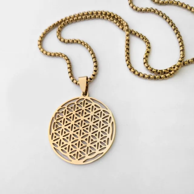 New Stainless Steel Necklace Gold Sacred Geometry Flower Of Life Mandala Flower
