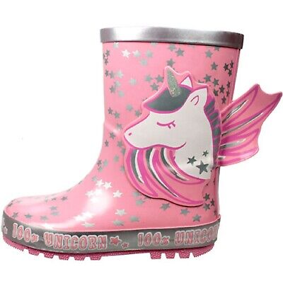 Girls Unicorn 3D Pink Rubber Wellies Wellington Boots Rain Wellys Uk Size 6-12