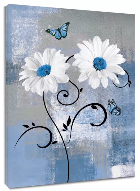 Blue Daisy Floral Butterfly Canvas Wall Art for Bathroom Living Room Bedroom