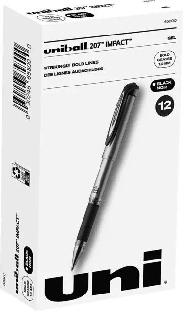 uni-ball 207 Impact Gel Pens Bold Point For School/Work 1.0mm Black 12 Pack