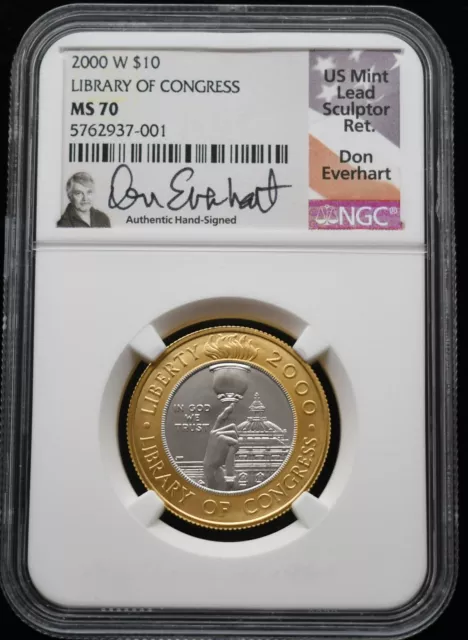 2000-W Library of Congress Bi-Metallic $10 NGC MS70 Signed Don Everhart