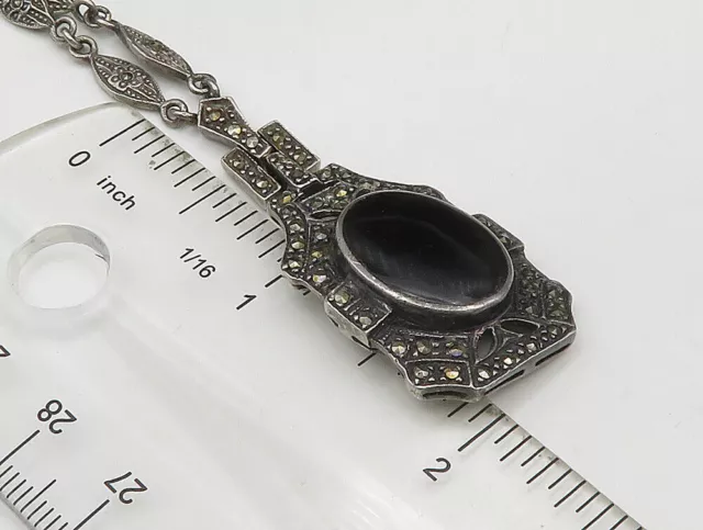 925 Silver - Vintage Inlaid Black Onyx & Floral Marcasite Necklace - NE3806 3