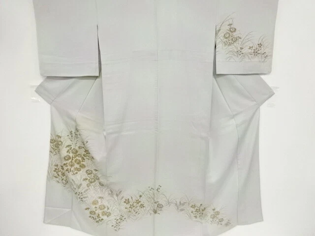 36874# Japanese Kimono / Antique Hitoe Kimono / Embroidery / Autumn Flowers