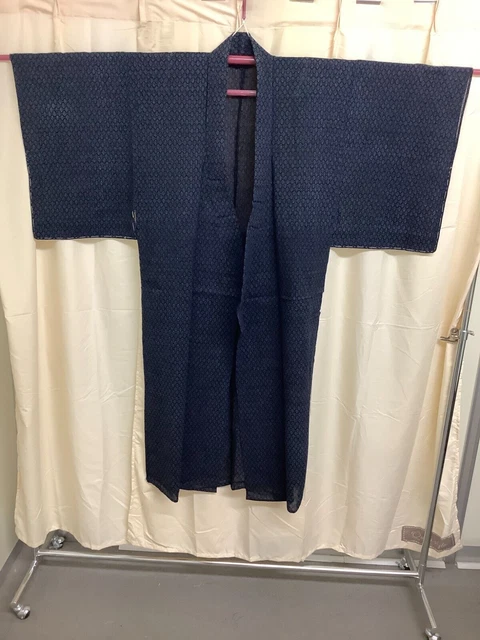 Japanese Vintage Kimono pure silk navy blue Thin tradition length 53.14inch used