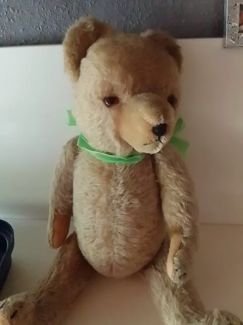 Alter antiker Teddy Bär , Mit Stimme , Holzwolle Blond ca. 46 cm Marke unbekannt