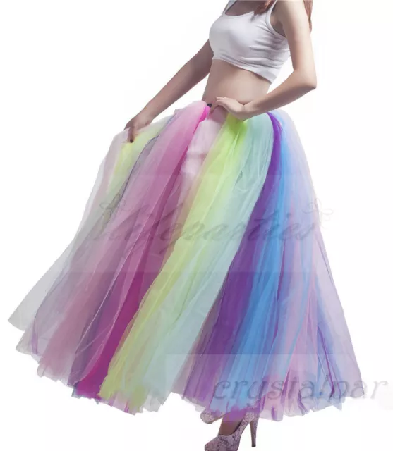 39" Women‘s Rainbow Long Petticoat Retro Underskirt Net Tutu Colorful Skirt 3