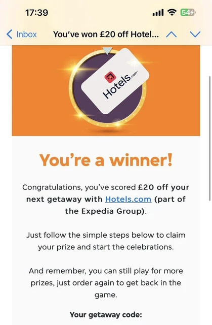 Hotels.com £20 off voucher just eat (Online Only)