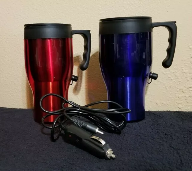2 pc. Heated Stainless Steel Insulated Travel mugs, Red and Blue