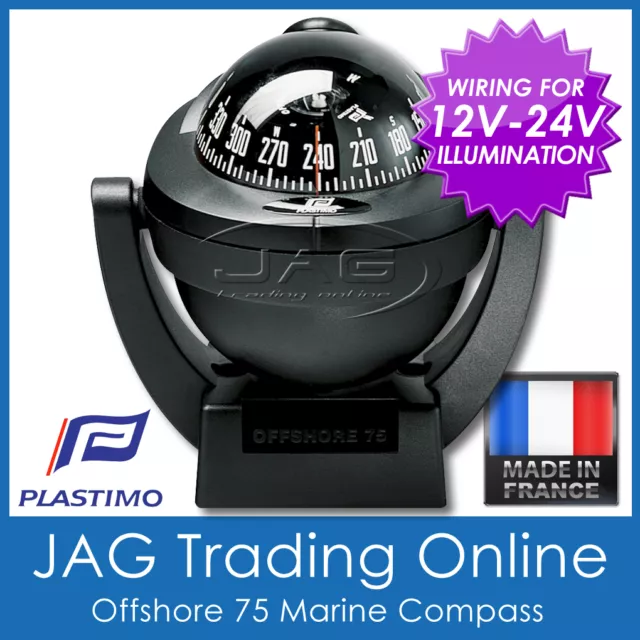 PLASTIMO OFFSHORE 75 BLACK MARINE/BOAT COMPASS 12V-24V Lighting / Bracket Mount