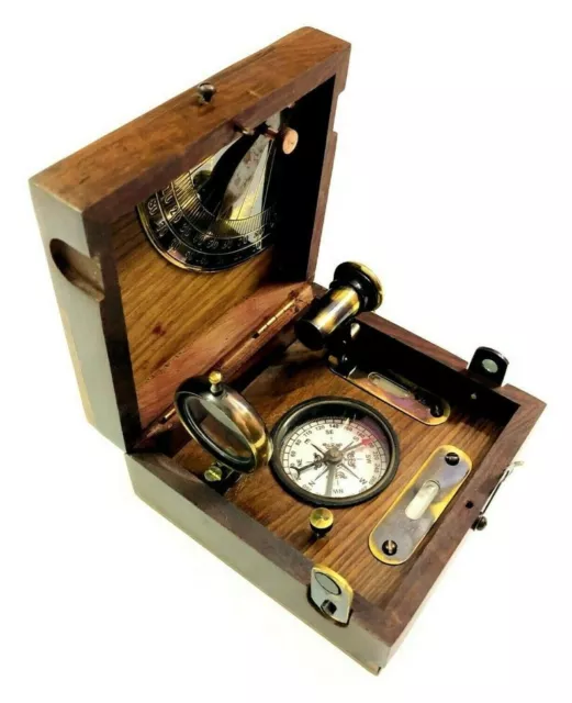 Brass Marine Master Box & Nautical Compass Telescope Magnifying Glass in Wooden