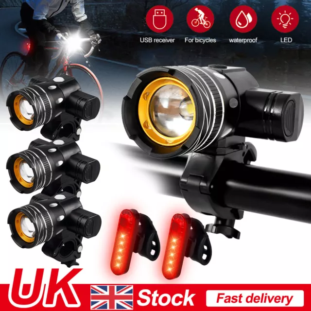 Powerful Rechargeable LED Bike Light USB Waterproof Cycle Front Back lights Set