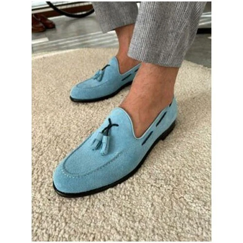 NEW Men’s Premium Quality Blue Suede Loafer Moccasin Slip on Dress Shoes