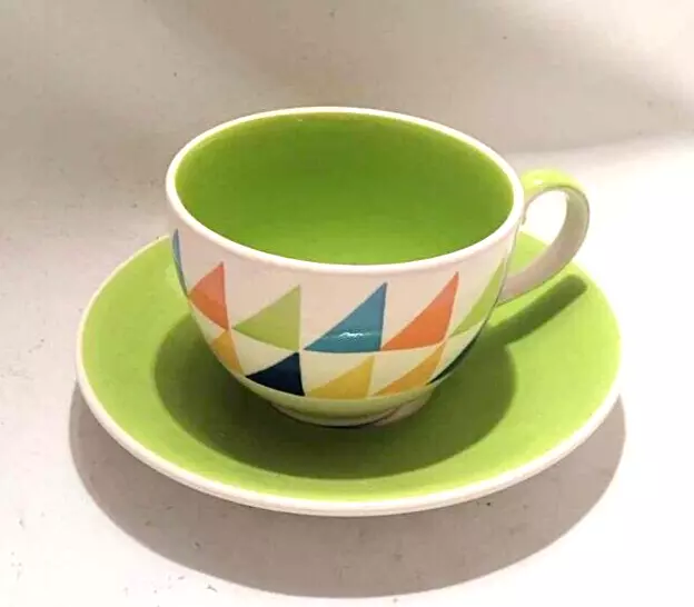 Whittard Of Chelsea Handpainted Tea Cup & Saucer Green With Traingles