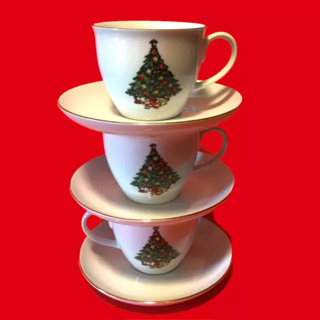 Christmas Tree Cup And Saucers set of 3 Action Industries Gold trim