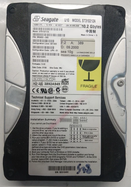 Disque Dur Vintage Seagate Barracuda ATA II - 10.2 Go, IDE, 3.5" - Occasion Testé