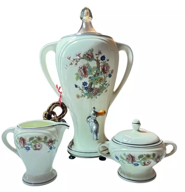Vintage Samovar Coffee Pot & Creamer & Sugar Bowl Forman Bros Hall China Floral
