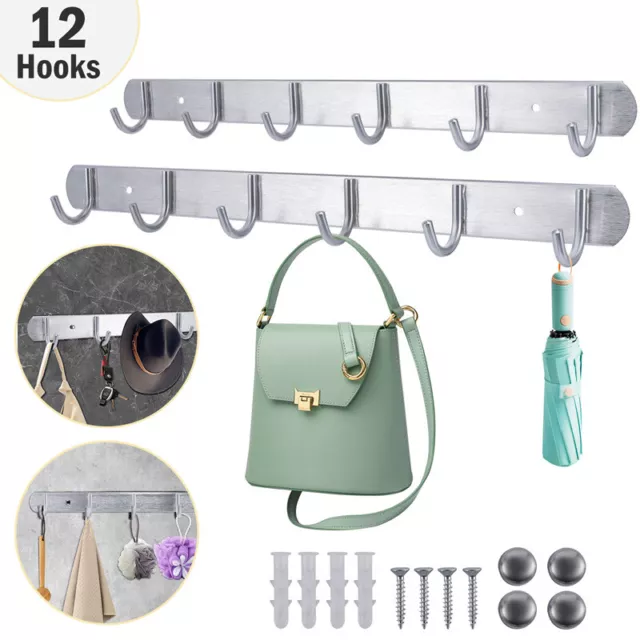 2PACK Clothes Coat Door Holder 6 Hooks Rack Hat Wall Hanger Rail Stainless Steel