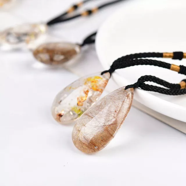 AAA Natural Gold Rutilated Quartz Crystal Point Droplet Pendant Healing Necklace