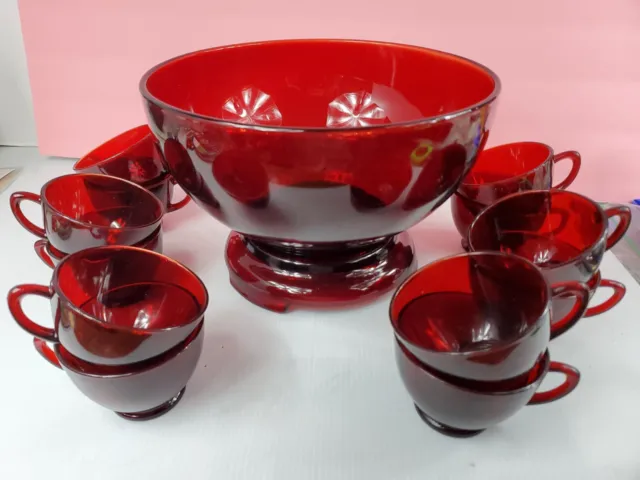 Hocking ROYAL RUBY RED PUNCH BOWL W/BASE & 12 CUPS