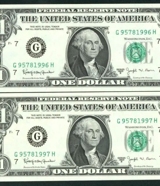 ((TWO CONSECUTIVE)) $1 1963 B ((CHOICE CU)) (JOSEPH BARR) Federal Reserve Note