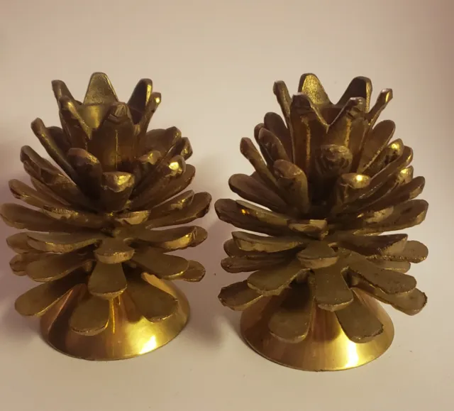 VINTAGE HEAVY SOLID Brass Pinecone Taper Candle Holder Set $20.00 - PicClick
