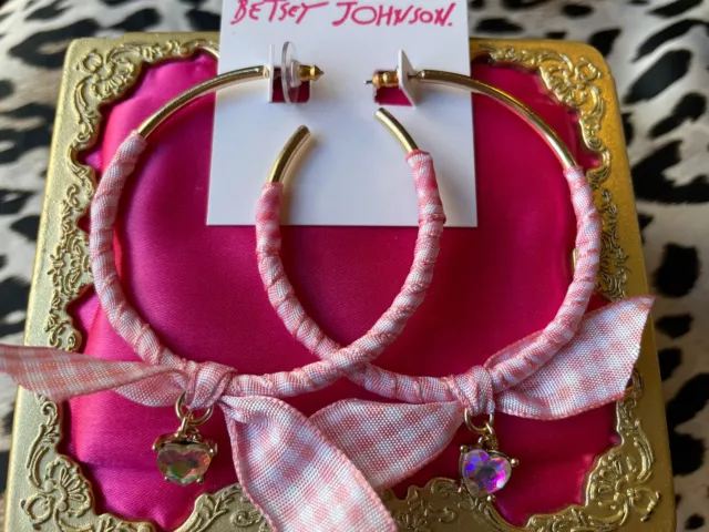 Betsey Johnson Lily Flower White Pink Gingham Bow AB Heart LARGE Hoop Earrings
