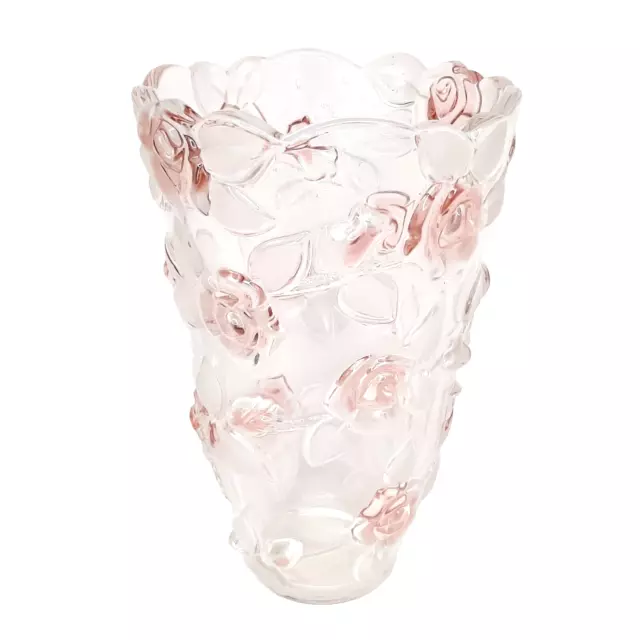 Mikasa Bella Rosa Crystal Vase Raised Pink Roses & Frosted Leaves Discontinued