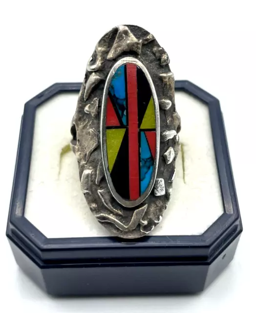 925 Sterling Silber Ring Zuni Indianerschmuck Edelstein Inlay Handarbeit Ø 16mm