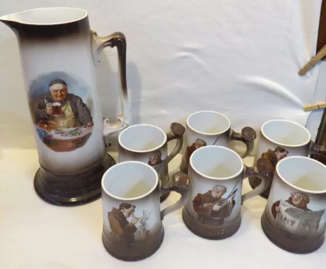 RARE SET! Antique Laughlin Art China Monk Beer Tankard Pitcher with 6 Beer Mugs 3